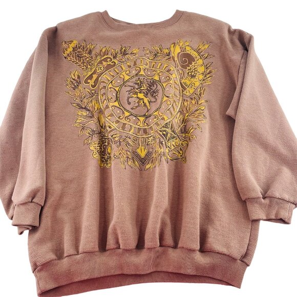 Vintage Adolfo Sport Sweatshirt XL Brown & Yellow Embroidered Crest Design - Picture 1 of 4